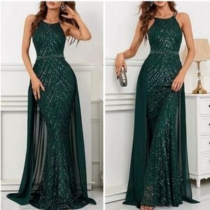 New Luxe Sequin Halter Chiffon Train Mermaid Gown Dress Dark Green